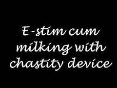 Estim cum miking wiht chastity device