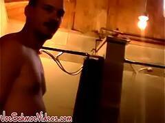 Amateur homosexuals take a shower together in bathroom