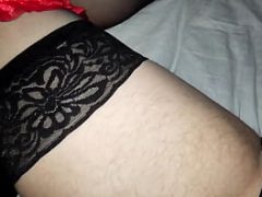 Crossdresser masturbating and cums in sexy black lingerie