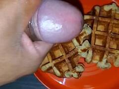 Some waffles with my cock syrup for breakfast.