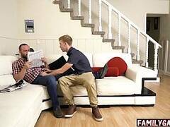 Gay son fucks dad while mom is out