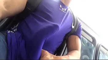 Muscle guy with big dick on bus