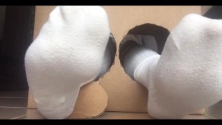 Surprise Delivery Long white sock wearing Big Male Feet to W