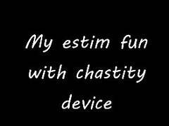Estim cum milking with electro chastity device