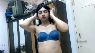 Sexy sissy femboy in a denim bikini