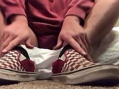 Teen feet play and strokes his dick first video