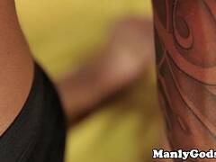 Tattooed gay hunk fucking pals ass closeup