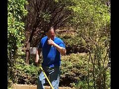 Dadmature adam longrod too hot  doing yard work strips to sp