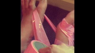 Binding my feet and ankles with pink latex bondage tape for 