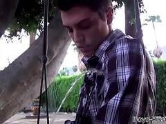 Twink Riley Michaels spills load and peeing outdoors