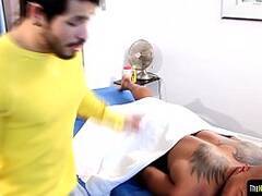 Black stud gets massaged before sucking cock