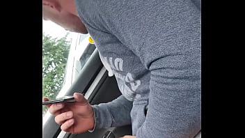 Muscle guy is masturbate in a car people watch around