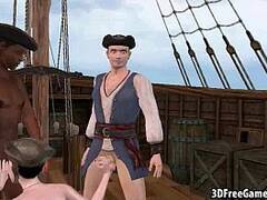 Foxy 3D cartoon pirate babe sucking on two cocks