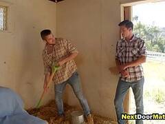 Gay farmer joins his buddies for bareback threesome gay sex