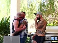 Inked bear treats older homo asshole with rough bareback