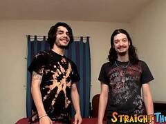 Skinny butt buddies meet up for a cock jerking duo party