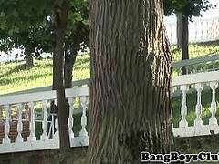 Young twink doggystyle barebacked outdoors