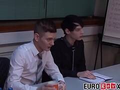 Skinny Euro twinks bareback during an office meeting