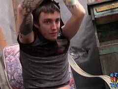 Inked perv Blinx tugs cock before dripping jizz