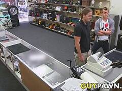 Handsome young stud spitroasted by BDSM pawn brokers