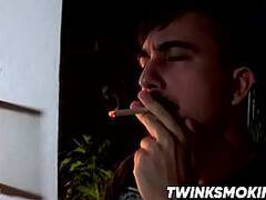 Cute young smoker works on his stiff dick and spunks