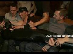 Gay hunks sitting on couch are gifted a sex slave immobilize