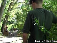 Young latinos Wilson and Alan barebacking in the woods