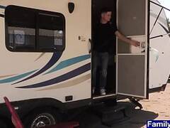 Teen boy anal fucked by tatted up stepdad in a trailer
