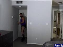 Stepson spies on stepdad in the shower and gets caught