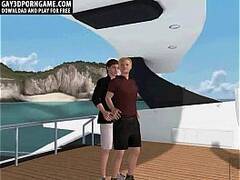 3D cartoon hunk sucks cock and gets fucked on a boat