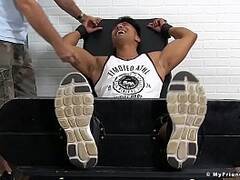 Beefy Asians feet and chest punished by deviant tickler