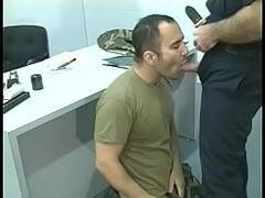 Horny cop getting ass licked and cock sucked by a soldier an