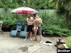 Three boys get busy with each other right there by the pool