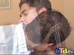 Skinny gay latino fed cum after barebacking in office